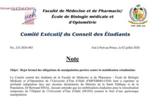Le Comité central des étudiants en médecine de l’UEH rejette toute accusation de manipulation